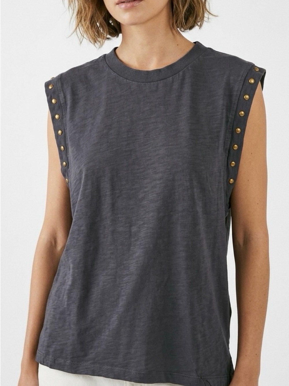 Evereve Brinley Studded Cap Sleeve Tee Charcoal Gray L Elevated Basics Casual